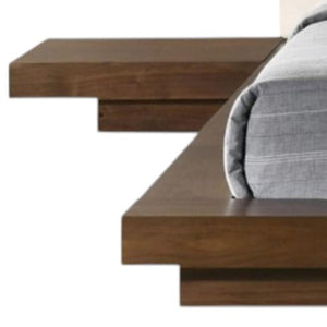 HomeRoots Walnut Low Platform Queen Bed Frame with Faux Leather Headboard & Integrated Nightstand Storage 486237