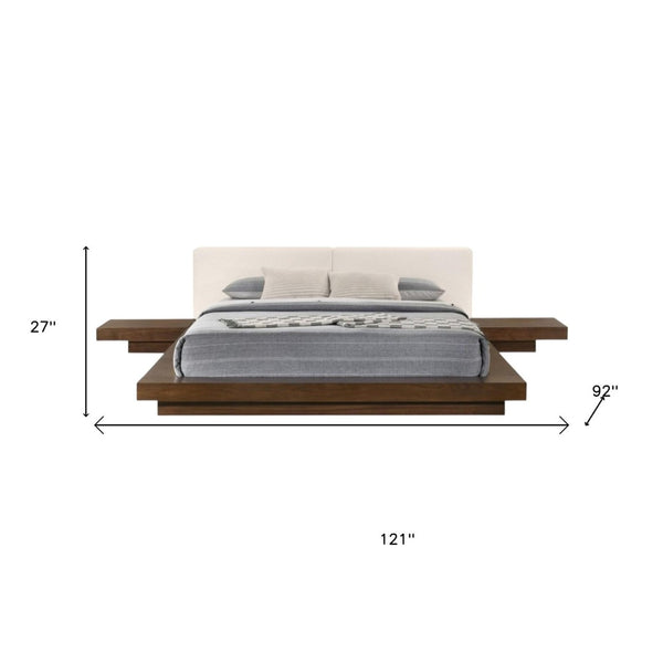 HomeRoots Walnut Low Platform Queen Bed Frame with Faux Leather Headboard & Integrated Nightstand Storage 486237