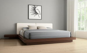 HomeRoots Walnut Low Platform Queen Bed Frame with Faux Leather Headboard & Integrated Nightstand Storage 486237