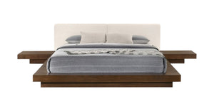 HomeRoots Walnut Low Platform Queen Bed Frame with Faux Leather Headboard & Integrated Nightstand Storage 486237