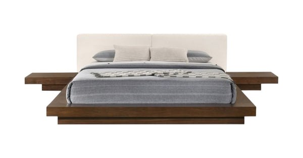 HomeRoots Walnut Low Platform Queen Bed Frame with Faux Leather Headboard & Integrated Nightstand Storage 486237