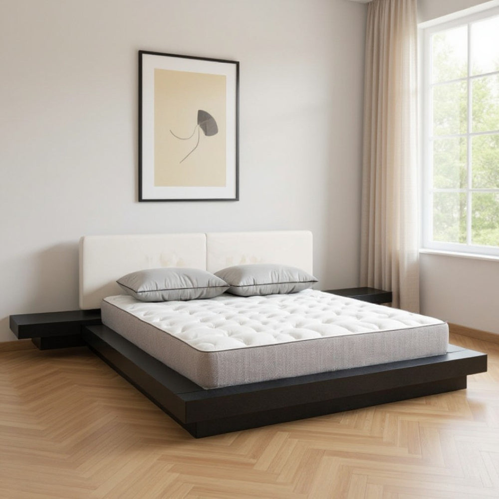 HomeRoots Black Queen Bed Frame - Solid Wood & Soft White Faux Leather, Low-Profile Design for Modern Style 486238