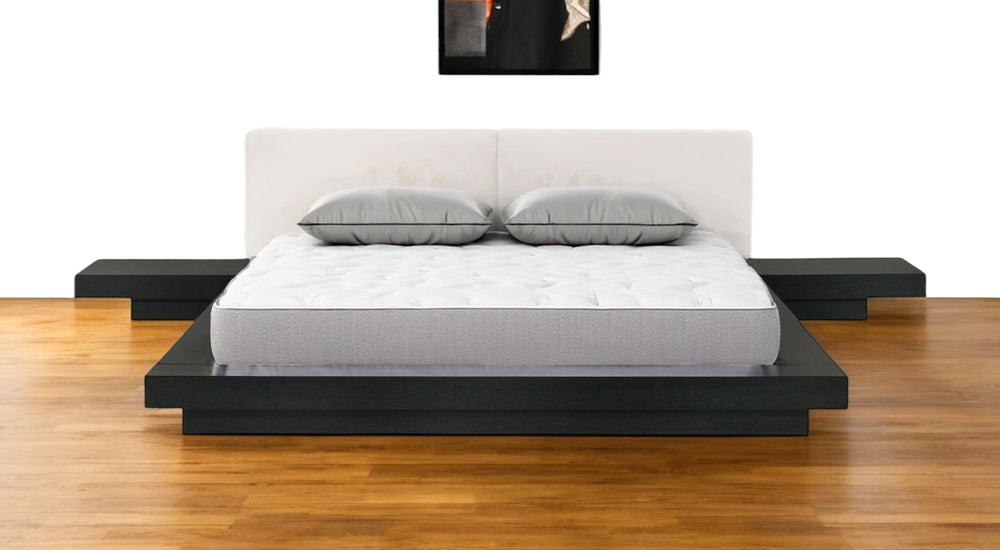 Homeroots Black And White Solid Wood And Faux Leather Queen Bed Frame   486238