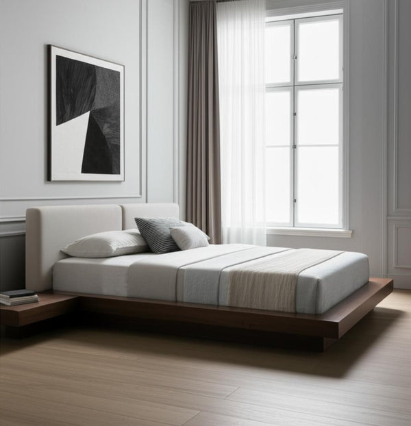 HomeRoots Gray Queen Bed Frame with Walnut Wood & Faux Leather, Integrated Nightstands for Modern Spaces 486239