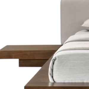 HomeRoots Gray Queen Bed Frame with Walnut Wood & Faux Leather, Integrated Nightstands for Modern Spaces 486239