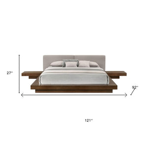 HomeRoots Gray Queen Bed Frame with Walnut Wood & Faux Leather, Integrated Nightstands for Modern Spaces 486239