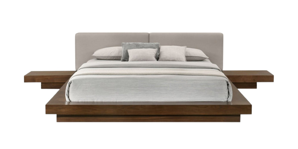 HomeRoots Gray Queen Bed Frame with Walnut Wood & Faux Leather, Integrated Nightstands for Modern Spaces 486239