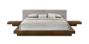 HomeRoots Gray Queen Bed Frame with Walnut Wood & Faux Leather, Integrated Nightstands for Modern Spaces 486239