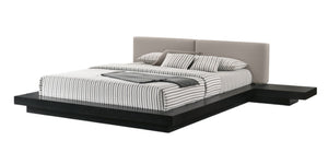HomeRoots Black Contemporary Queen Bed Frame with Gray Faux Leather Headboard & Attached Nightstands for Storage 486240