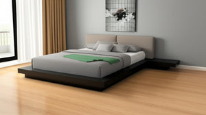 HomeRoots Black Contemporary Queen Bed Frame with Gray Faux Leather Headboard & Attached Nightstands for Storage 486240