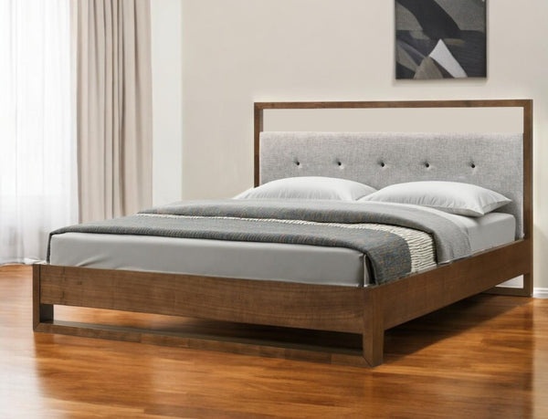 Homeroots Brown And Gray Wood Tufted Upholstered Queen Bed Frame  Manufactured Wood,Solid Wood,Fabric 486246