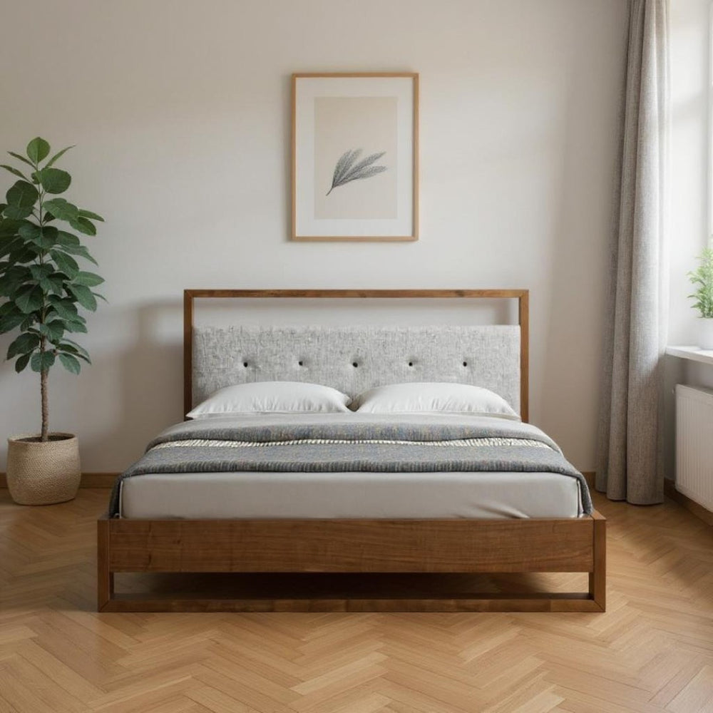 HomeRoots Brown Tufted Upholstered California King Bed Frame – Elegant Mid-Century Design with Durable Support 486248
