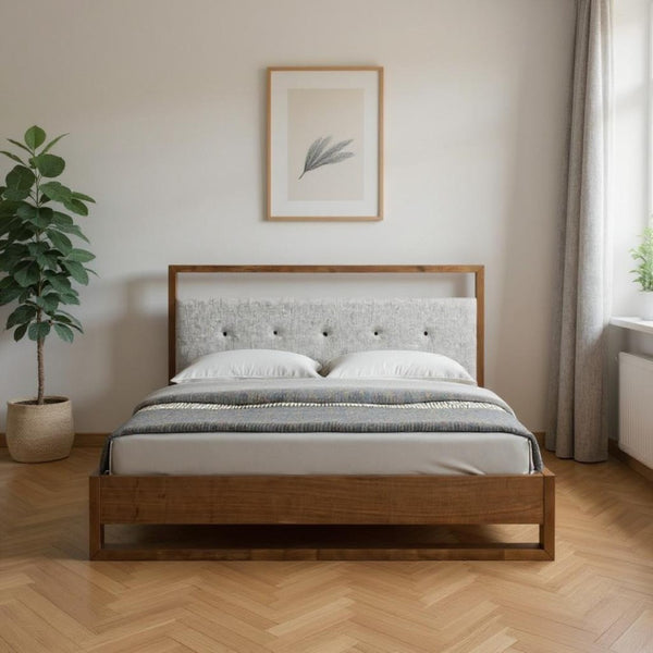 HomeRoots Brown Tufted Upholstered California King Bed Frame – Elegant Mid-Century Design with Durable Support 486248