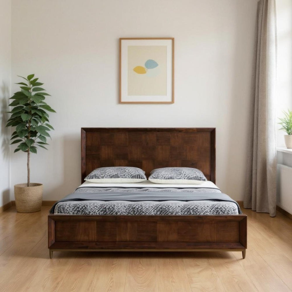 HomeRoots Brown Wood Queen Bed Frame - Elegant Mid-Century Design with Checkerboard Headboard & Supportive Slats 486249