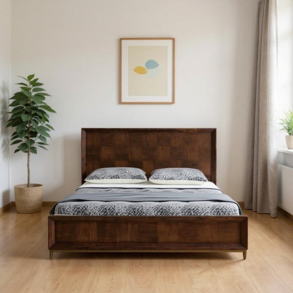 HomeRoots Brown Wood Queen Bed Frame - Elegant Mid-Century Design with Checkerboard Headboard & Supportive Slats 486249