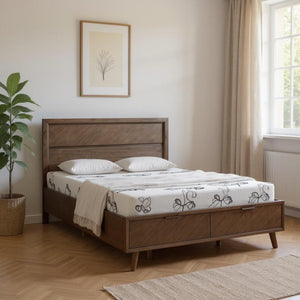 HomeRoots Dark Brown Solid Wood Queen Bed Frame with Two Storage Drawers - Mid-Century Modern Design 486251