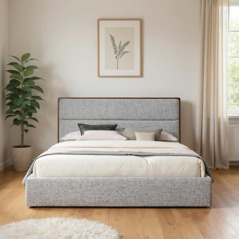 HomeRoots Brown Upholstered Queen Bed Frame - Stylish Gray & Brown Design for Modern Bedrooms, Platform Style 486253