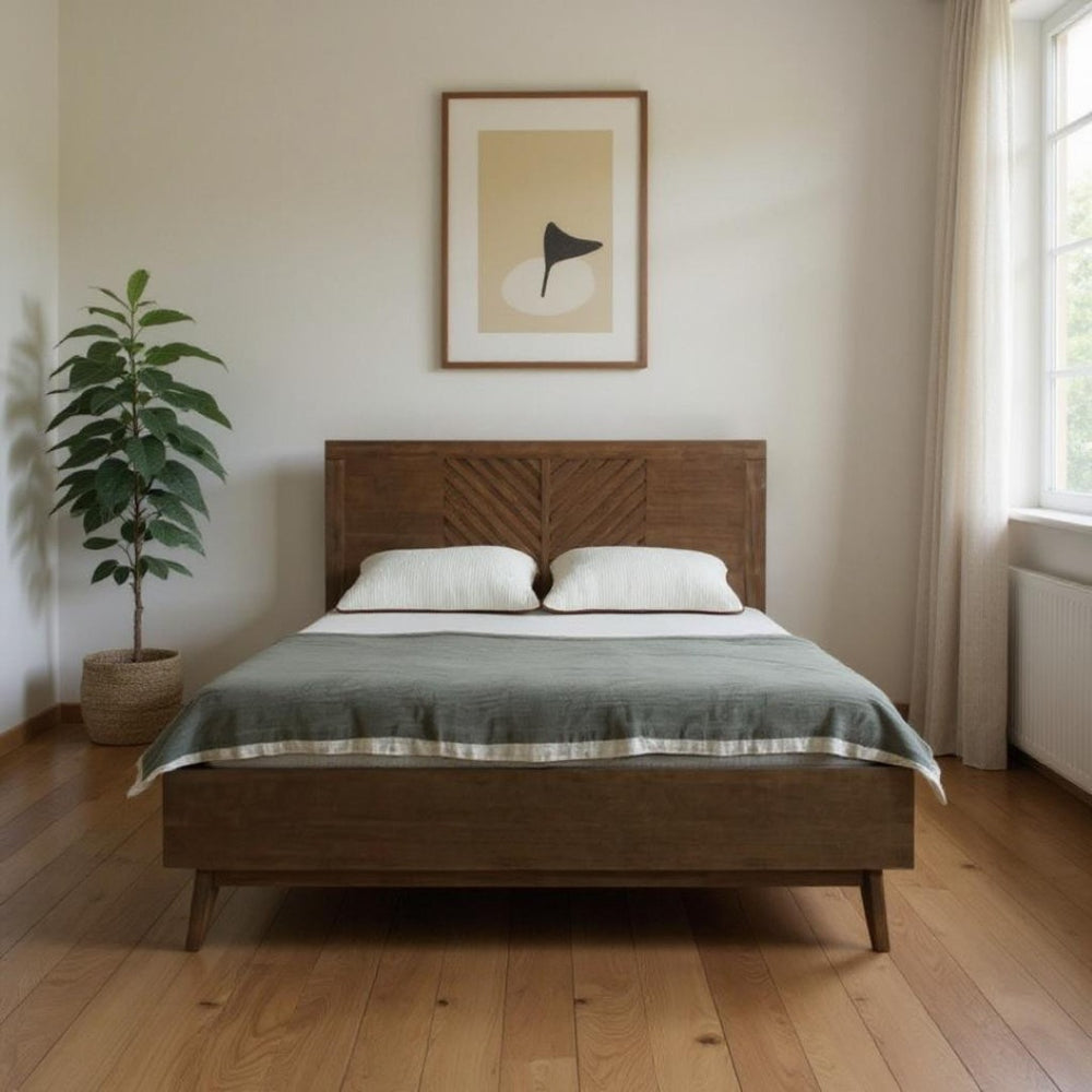 HomeRoots Brown Geometric Carved Solid Wood Queen Bed Frame – Artisan Crafted, Mid-Century Design & Durable Acacia 486255