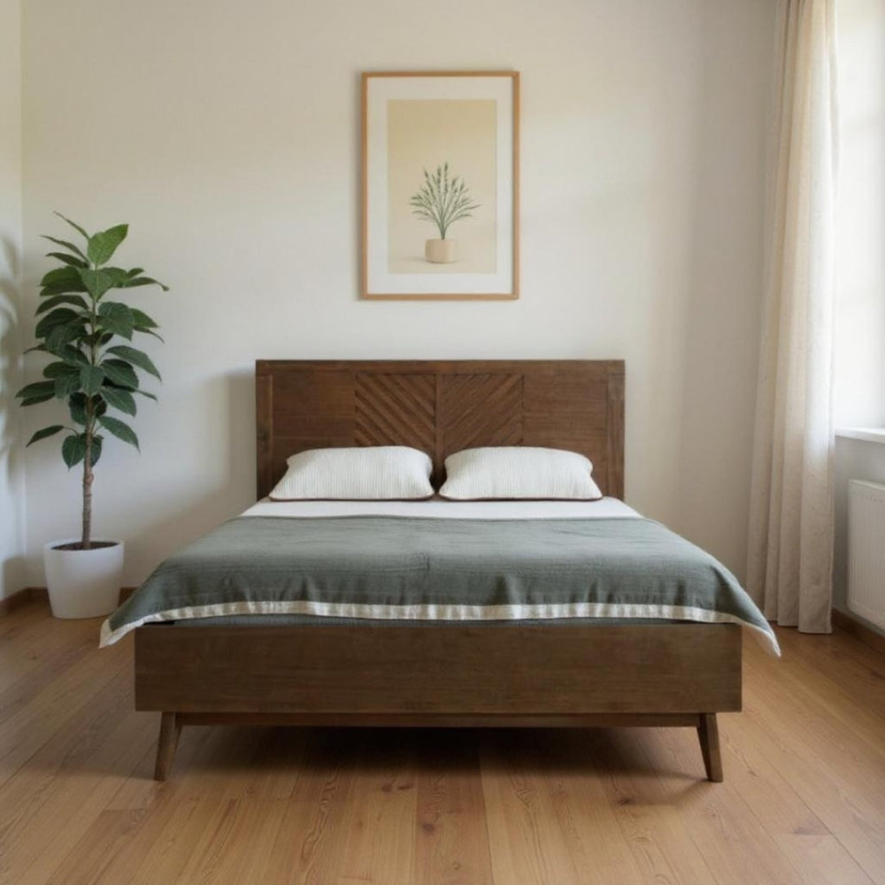 HomeRoots Brown Carved Geometric King Bed Frame – Solid Acacia Wood, Mid-Century Design for Enhanced Comfort 486256
