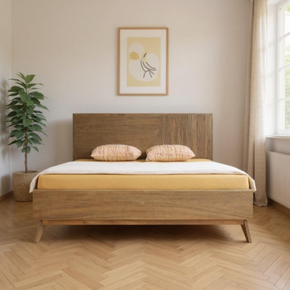 HomeRoots Natural Wood Queen Bed Frame - Mid-Century Modern Design with Durable Support & Elegant Aesthetic 486259