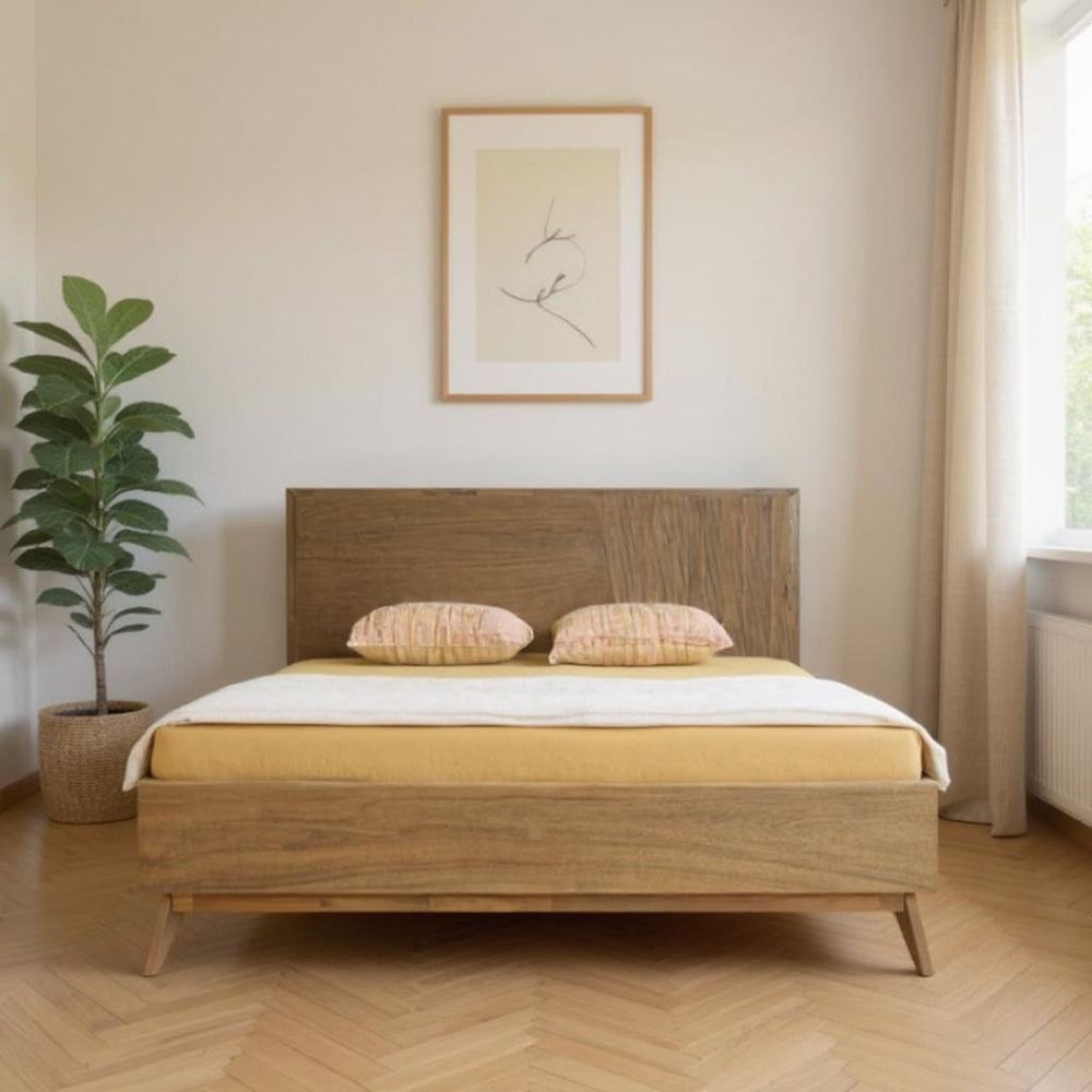 HomeRoots Natural Wood King Bed Frame - Stylish Mid-Century Modern Design, Sturdy Support & Easy Access 486260