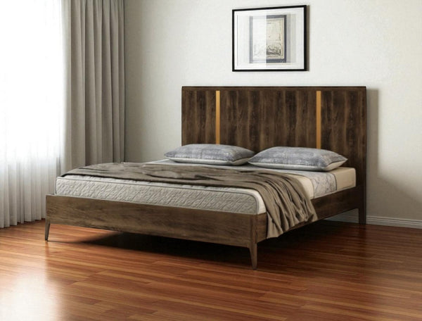 HomeRoots Brown Elegant King Bed Frame - Mid-Century Modern Design with Gold Accents & Durable Platform Style 486262