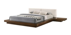 HomeRoots Walnut King Bed Frame with Faux Leather Headboard & Integrated Nightstands for Modern Bedrooms 486264