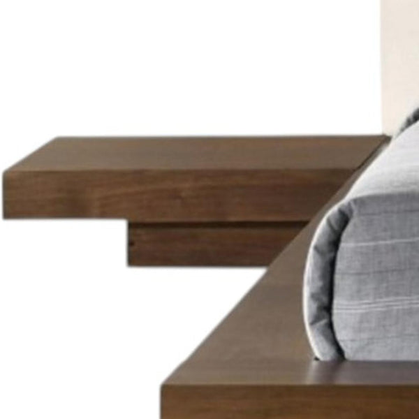 HomeRoots Walnut King Bed Frame with Faux Leather Headboard & Integrated Nightstands for Modern Bedrooms 486264