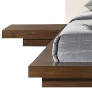 HomeRoots Walnut King Bed Frame with Faux Leather Headboard & Integrated Nightstands for Modern Bedrooms 486264