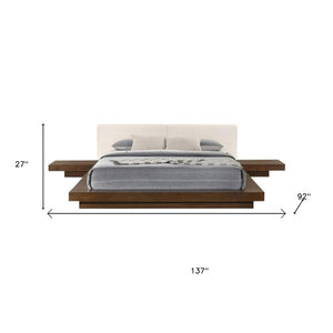 HomeRoots Walnut King Bed Frame with Faux Leather Headboard & Integrated Nightstands for Modern Bedrooms 486264