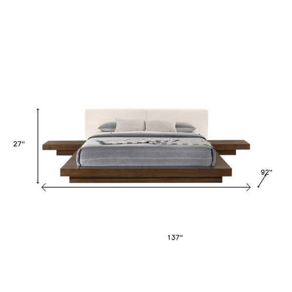 HomeRoots Walnut King Bed Frame with Faux Leather Headboard & Integrated Nightstands for Modern Bedrooms 486264