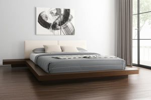 HomeRoots Walnut King Bed Frame with Faux Leather Headboard & Integrated Nightstands for Modern Bedrooms 486264