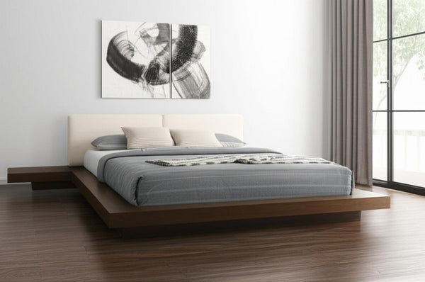HomeRoots Walnut King Bed Frame with Faux Leather Headboard & Integrated Nightstands for Modern Bedrooms 486264