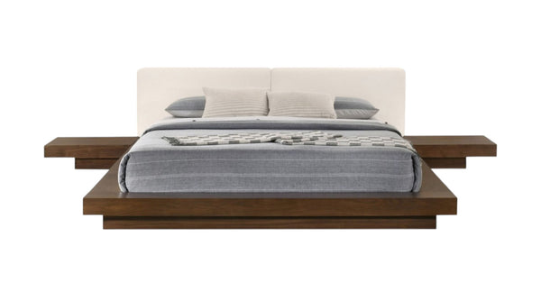 HomeRoots Walnut King Bed Frame with Faux Leather Headboard & Integrated Nightstands for Modern Bedrooms 486264