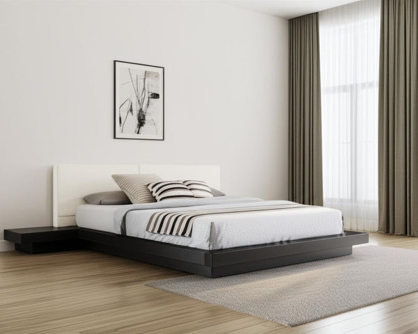 HomeRoots Black Modern King Bed Frame with Faux Leather Headboard and Integrated Nightstands for Style & Comfort 486265