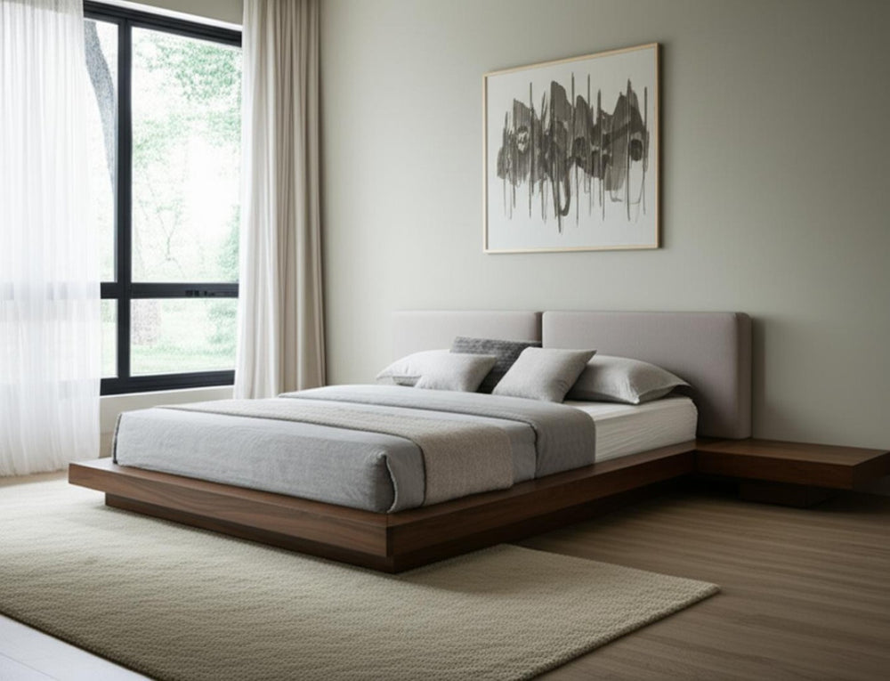 HomeRoots Gray Faux Leather & Walnut Wood King Bed Frame with Integrated Nightstands for Modern Bedrooms 486266