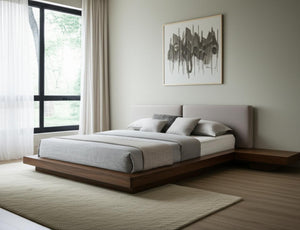 HomeRoots Gray Faux Leather & Walnut Wood King Bed Frame with Integrated Nightstands for Modern Bedrooms 486266