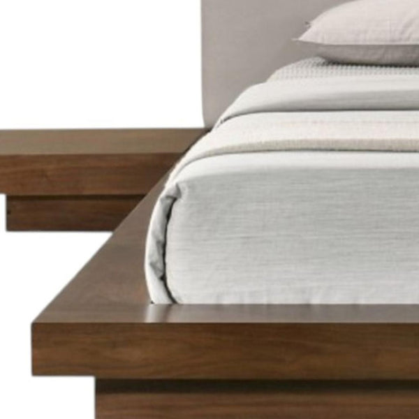 HomeRoots Gray Faux Leather & Walnut Wood King Bed Frame with Integrated Nightstands for Modern Bedrooms 486266