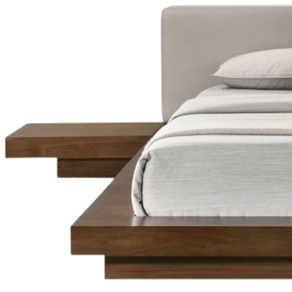 HomeRoots Gray Faux Leather & Walnut Wood King Bed Frame with Integrated Nightstands for Modern Bedrooms 486266