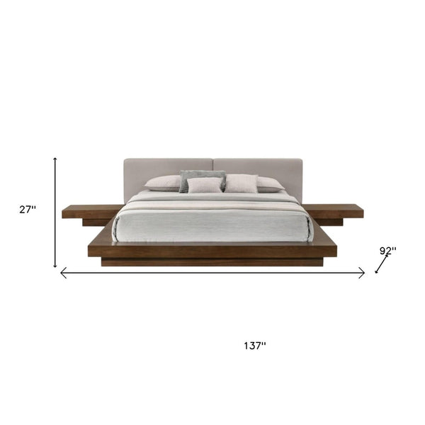 HomeRoots Gray Faux Leather & Walnut Wood King Bed Frame with Integrated Nightstands for Modern Bedrooms 486266
