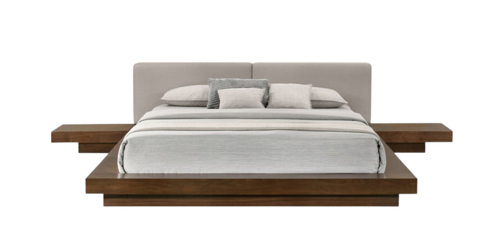 HomeRoots Gray Faux Leather & Walnut Wood King Bed Frame with Integrated Nightstands for Modern Bedrooms 486266