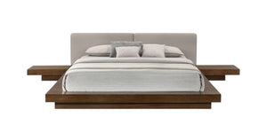 HomeRoots Gray Faux Leather & Walnut Wood King Bed Frame with Integrated Nightstands for Modern Bedrooms 486266
