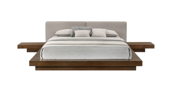 HomeRoots Gray Faux Leather & Walnut Wood King Bed Frame with Integrated Nightstands for Modern Bedrooms 486266