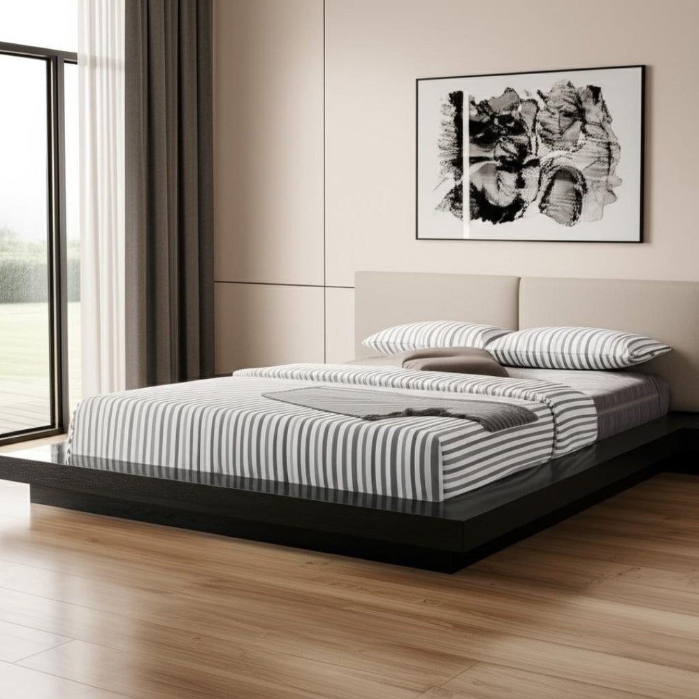 HomeRoots Black Wood and Faux Leather King Bed Frame with Integrated Nightstands for Modern Bedroom Style 486267