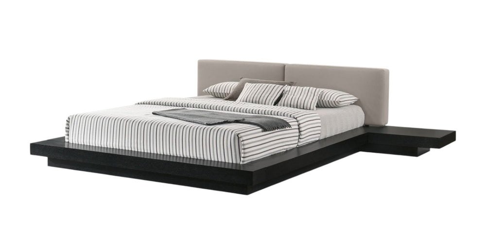 HomeRoots Black Wood and Faux Leather King Bed Frame with Integrated Nightstands for Modern Bedroom Style 486267