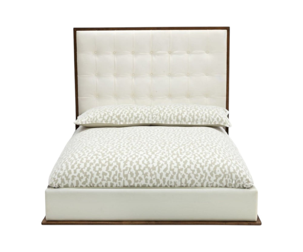 Homeroots Brown And White Wood And Tufted Faux Leather Queen Bed Frame   486268