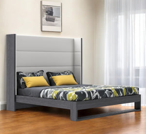 Homeroots Gray And White Wood And Faux Leather King Bed Frame   486272
