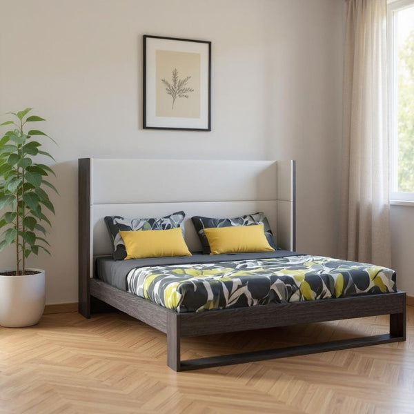 HomeRoots Gray King Bed Frame with Channel-Tufted Faux Leather Headboard - Modern Design & Durable Comfort 486272