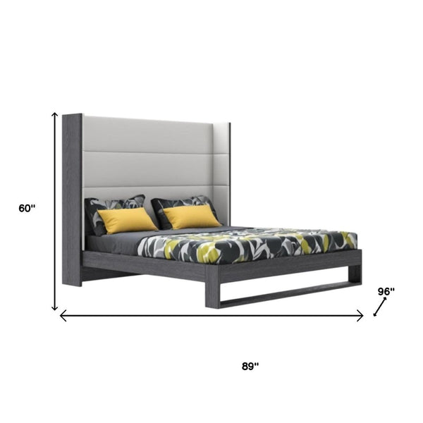 HomeRoots Gray King Bed Frame with Channel-Tufted Faux Leather Headboard - Modern Design & Durable Comfort 486272