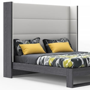 Homeroots Gray And White Wood And Faux Leather King Bed Frame   486272